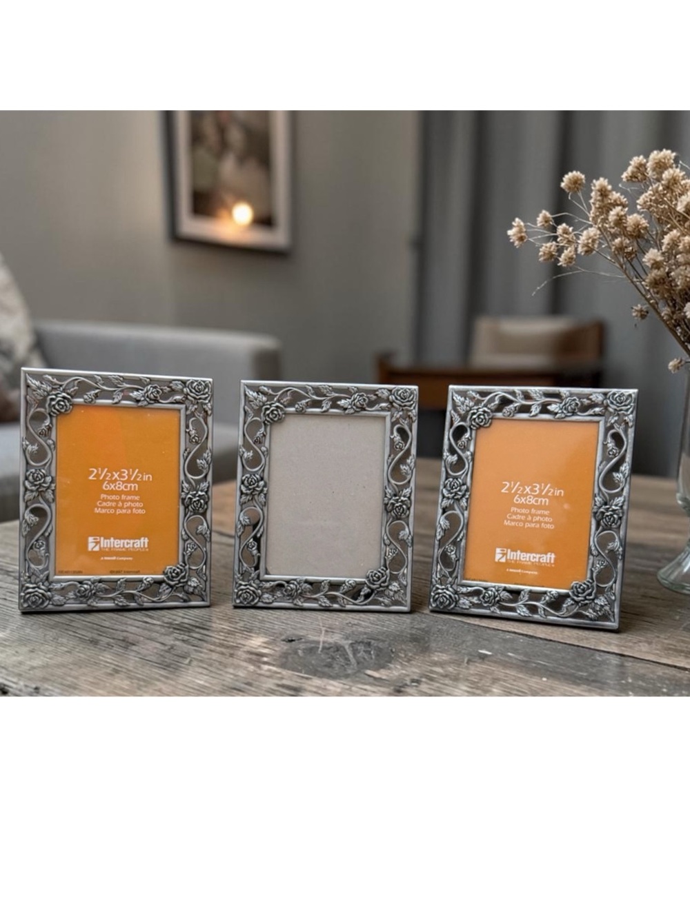 Vintage Pewter Picture Frames Ornate Rose Floral 2.5”x3.5” Photo Mini Set of 3
